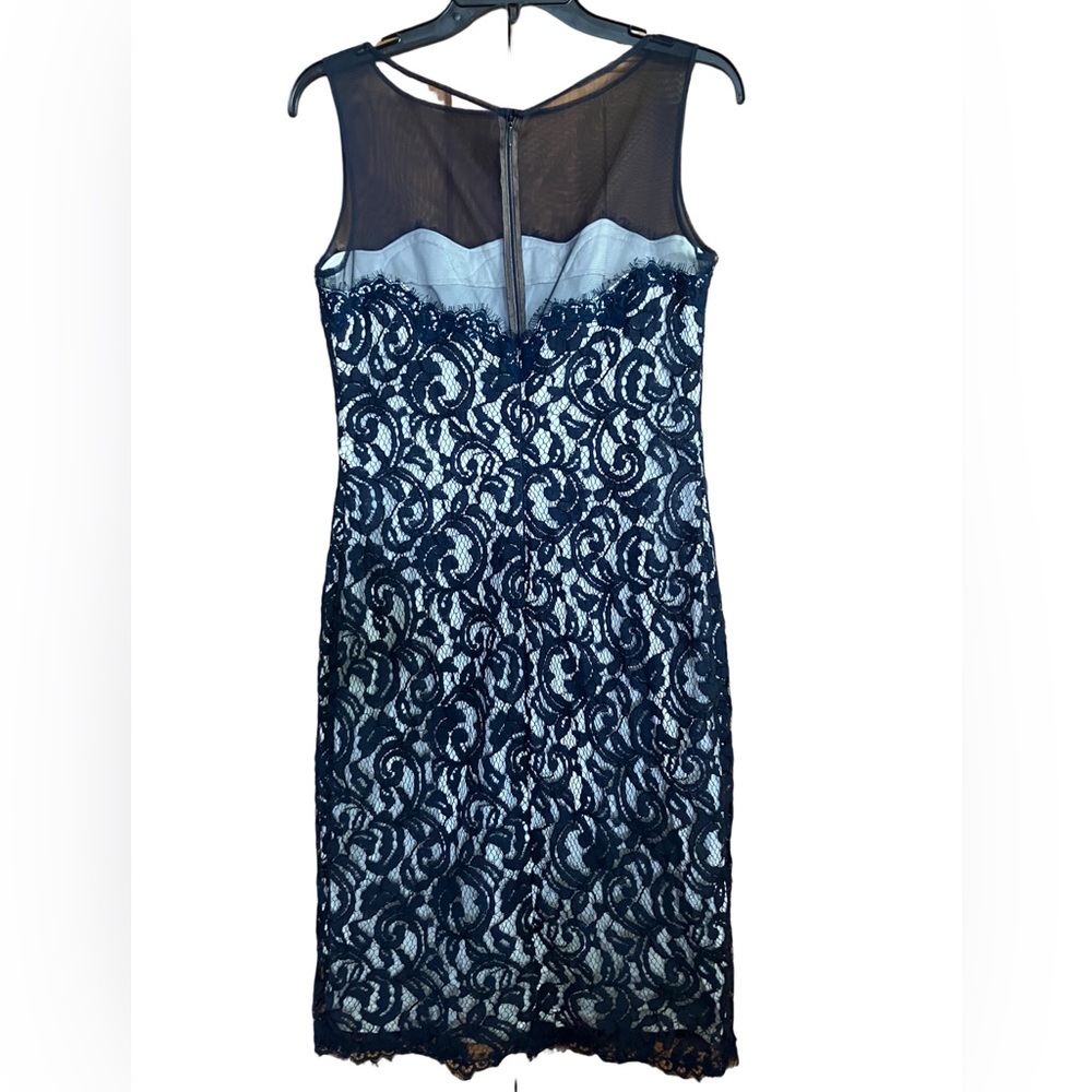 Vintage Tadashi Shoji Formal Mesh Illusion Neckline Sleeveless Blue Lace Dress 4 - Picture 5 of 15